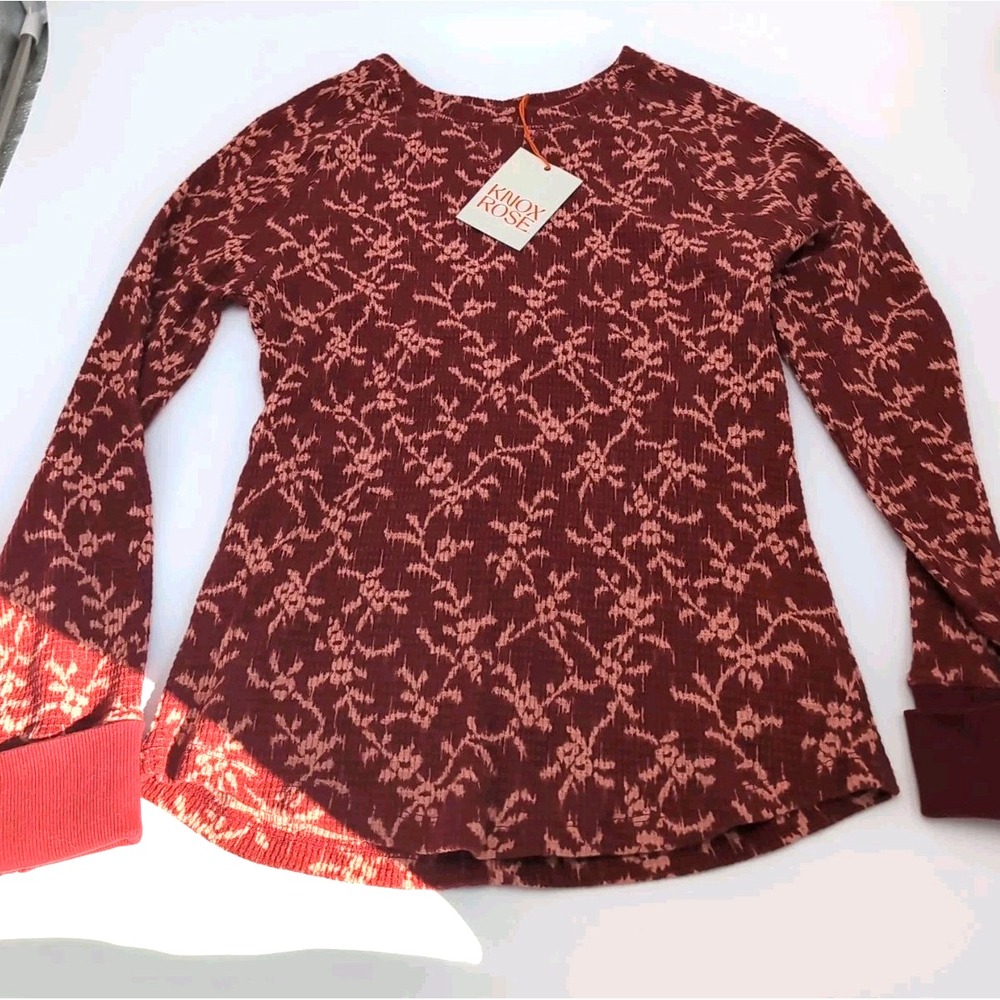 Knox Rose Waffle Top Womens S Crew Neck Burgundy Floral Long Sleeve Thermal NWT